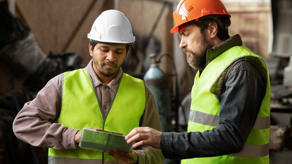 Two men wearing safety vests and hard hats